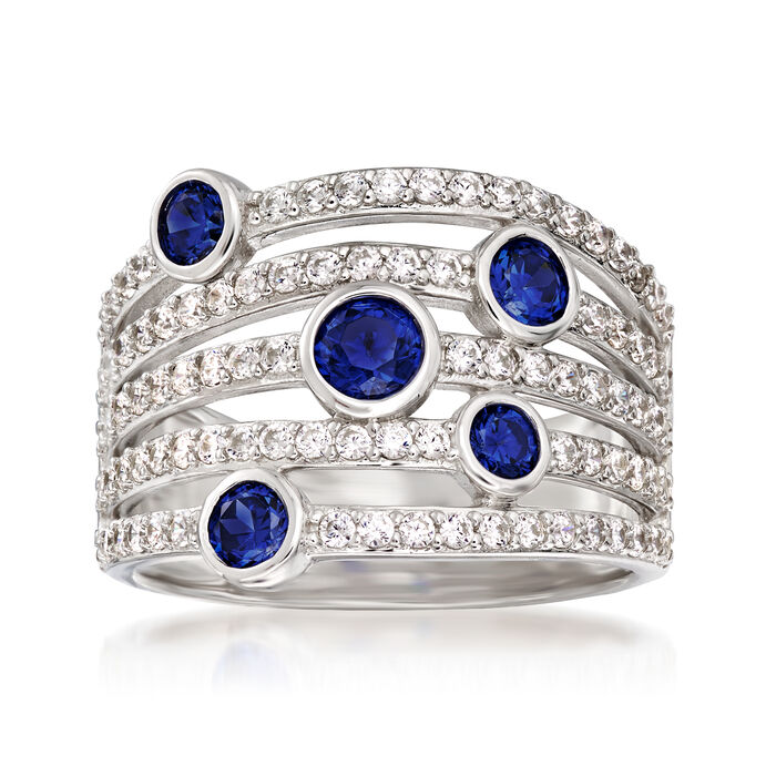 .62 ct. t.w. Simulated Sapphire and .80 ct. t.w. CZ Multi-Row Ring in Sterling Silver