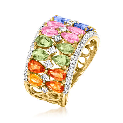 4.70 ct. t.w. Multicolored Sapphire and .47 ct. t.w. Diamond Two-Row Ring in 14kt Yellow Gold