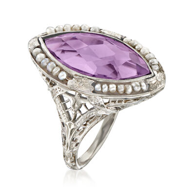 C. 1950 Vintage 4.00 Carat Amethyst and Seed Pearl Ring in 18kt White Gold