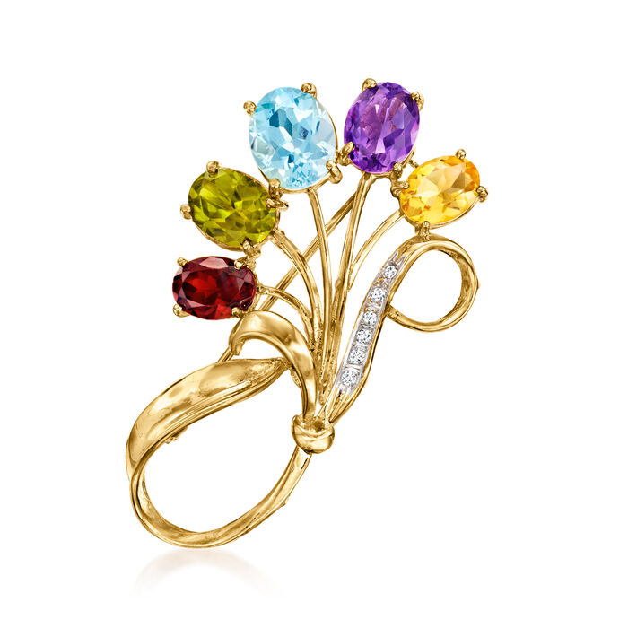 C. 1970 Vintage 12.95 ct. t.w. Multi-Gemstone Bouquet Pin with Diamond Accents in 14kt Yellow Gold