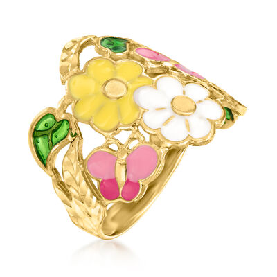 Italian Multicolored Enamel Floral Ring in 14kt Yellow Gold