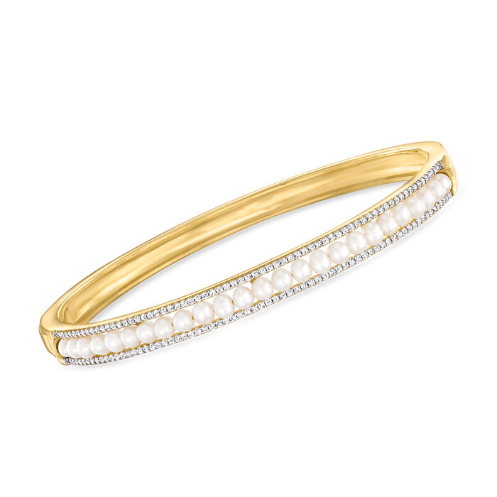 Charles Garnier &quot;Venus&quot; 2.5-3mm Cultured Pearl Bangle Bracelet with .60 ct. t.w. CZs in 18kt Gold Over Sterling