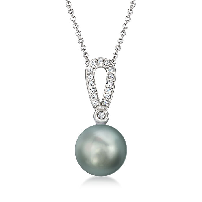 9-10mm Black Cultured Tahitian Pearl and .14 ct. t.w. Diamond Pendant Necklace in 14kt White Gold