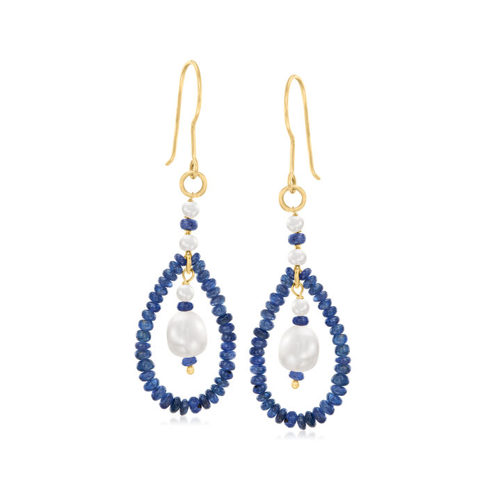3.5-7.5mm Cultured Pearl and 12.00 ct. t.w. Sapphire Bead Drop Earrings in 10kt Yellow Gold
