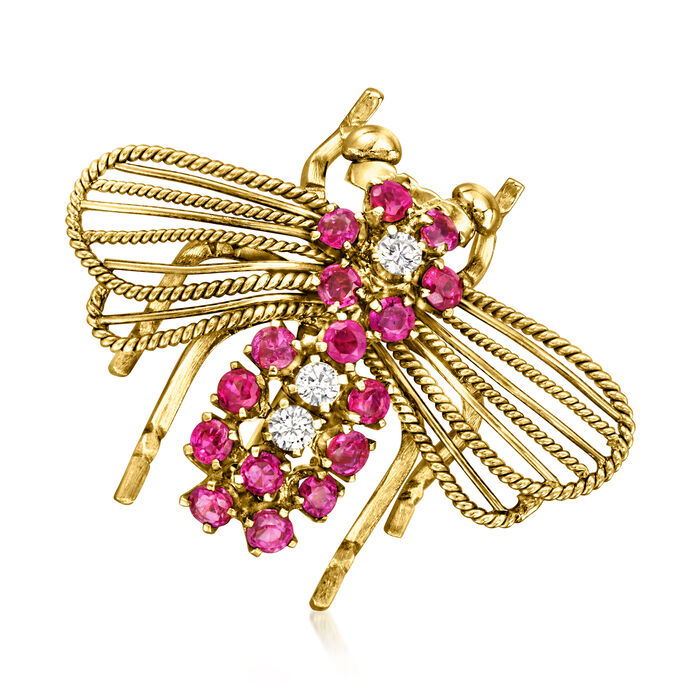 C. 1970 Vintage 1.60 ct. t.w. Ruby and .25 ct. t.w. Diamond Bumblebee Pin in 14kt Yellow Gold