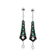 C. 1930 Vintage Black Onyx, 1.10 ct. t.w. Diamond and .80 ct. t.w. Emerald Earrings in Platinum with 14kt Yellow Gold