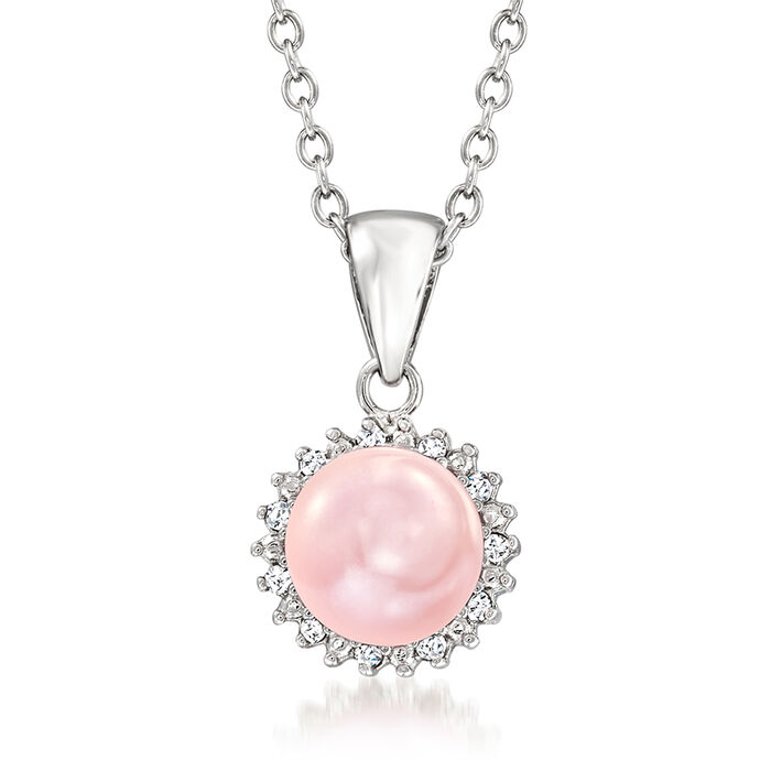 7-7.5mm Pink Cultured Button Pearl Pendant Necklace with Diamond Accents in Sterling Silver