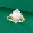 10-10.5mm Cultured Pearl Leaf Ring with Diamond Accents in 14kt Yellow Gold