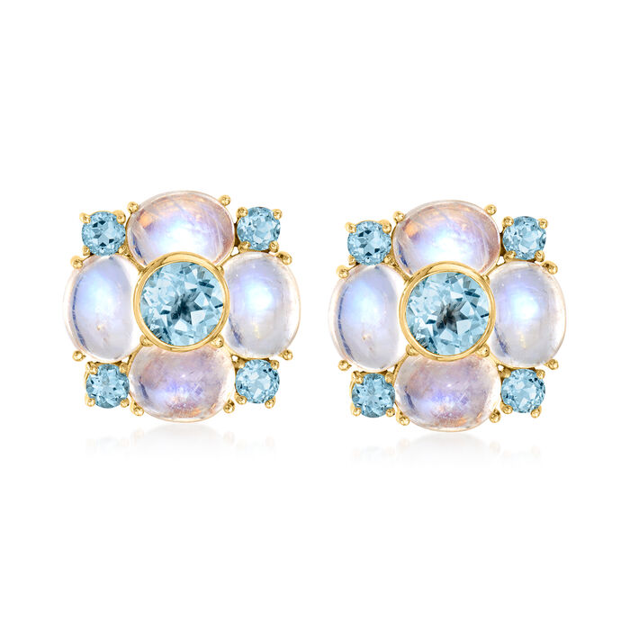 C. 1980 Vintage Moonstone and 5.15 ct. t.w. Sky Blue Topaz Flower Clip-On Earrings in 14kt Yellow Gold