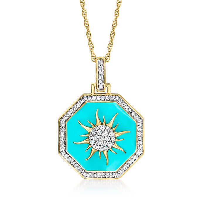 .35 ct. t.w. Diamond and Turquoise Enamel Sun Pendant Necklace in 18kt Gold Over Sterling