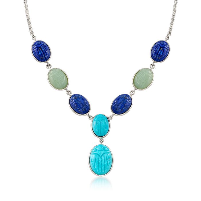 Blue and Green Multi-Stone Scarab Necklace in Sterling Silver