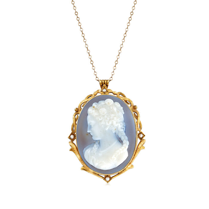 C. 1940 Vintage Gray Agate Cameo Pendant Necklace in 14kt Yellow Gold
