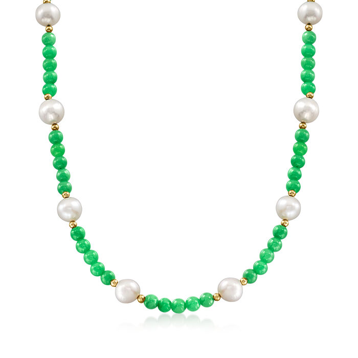 9-10mm Cultured Pearl and 6mm Jade Bead Necklace with 18kt Gold Over Sterling