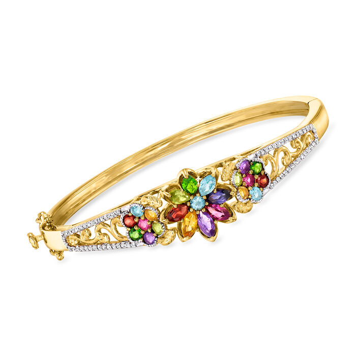 2.90 ct. t.w. Multi-Gemstone Floral Bangle Bracelet in 18kt Gold Over Sterling