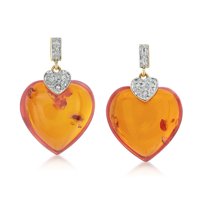 Amber and Diamond-Accented Heart Drop Earrings in 14kt Yellow Gold