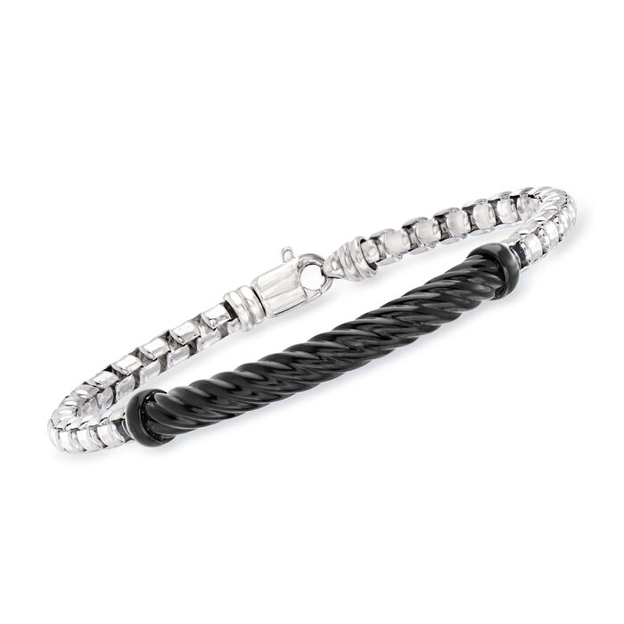 Phillip Gavriel Men's &quot;Italian Cable&quot; Sterling Silver Box-Chain Bracelet with Black Enamel