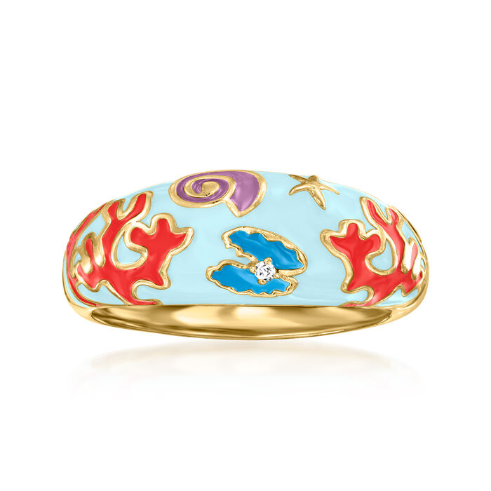 Multicolored Enamel Sea Life Ring with White  Topaz Accent in 18kt Gold Over Sterling