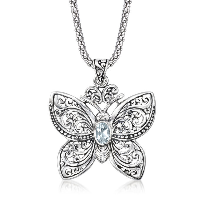 .50 Carat Sky Blue Topaz Bali-Style Butterfly Pendant Necklace in Sterling Silver
