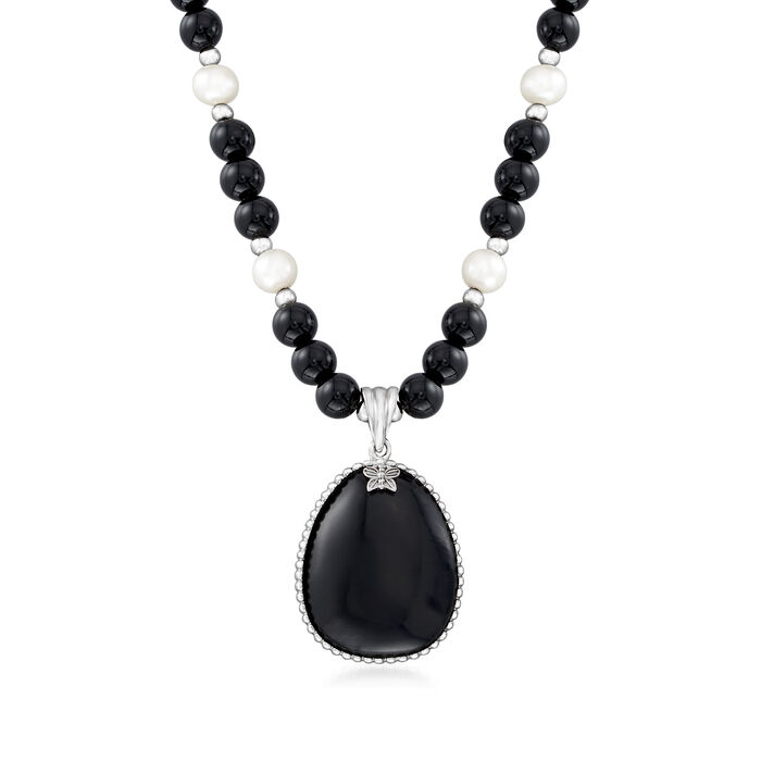 6-6.5mm Cultured Pearl and Onyx Bead Pendant Necklace in Sterling Silver