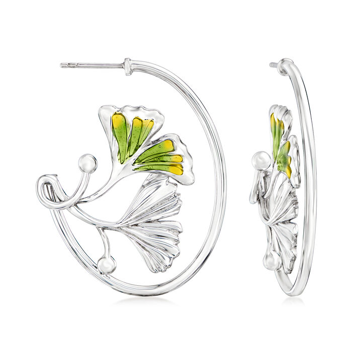 Yellow and Green Enamel Ginkgo Leaf Hoop Earrings in Sterling Silver