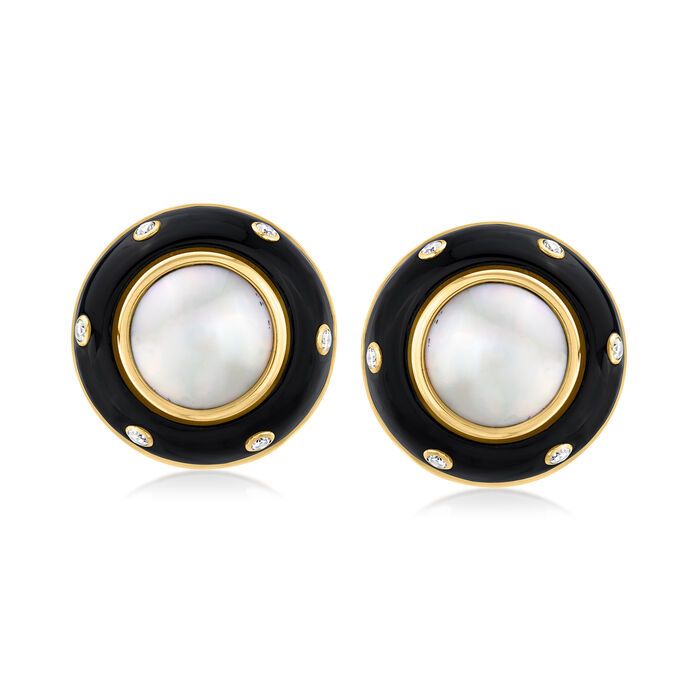 C. 1980 Vintage Black Onyx, Cultured Mabe Pearl and .36 ct. t.w. Diamond Earrings in 14kt Yellow Gold