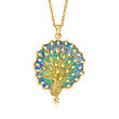 Italian Multicolored Enamel Peacock Pendant Necklace in 18kt Gold Over Sterling