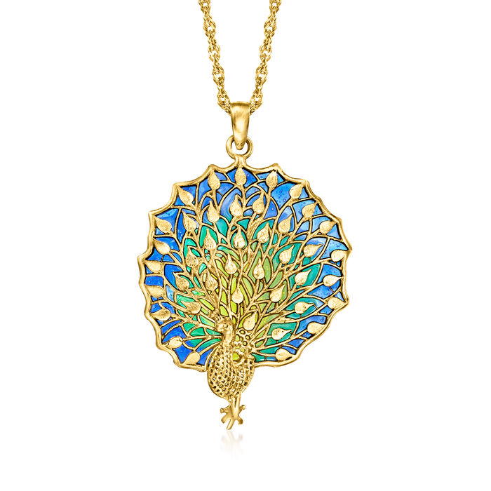 Italian Multicolored Enamel Peacock Pendant Necklace in 18kt Gold Over Sterling