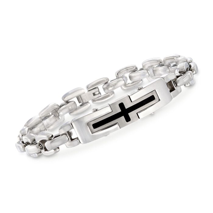 Men's Stainless Steel Link Bracelet with Black Cross