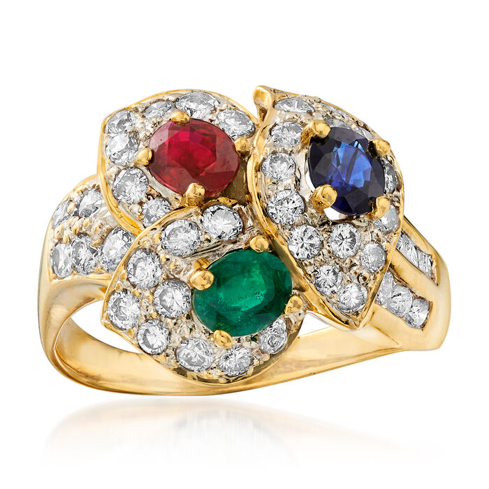 C. 1990 Vintage 1.40 Mixed Gemstone and 1.60 ct. t.w. Diamond Leaf Ring in 18kt Yellow Gold