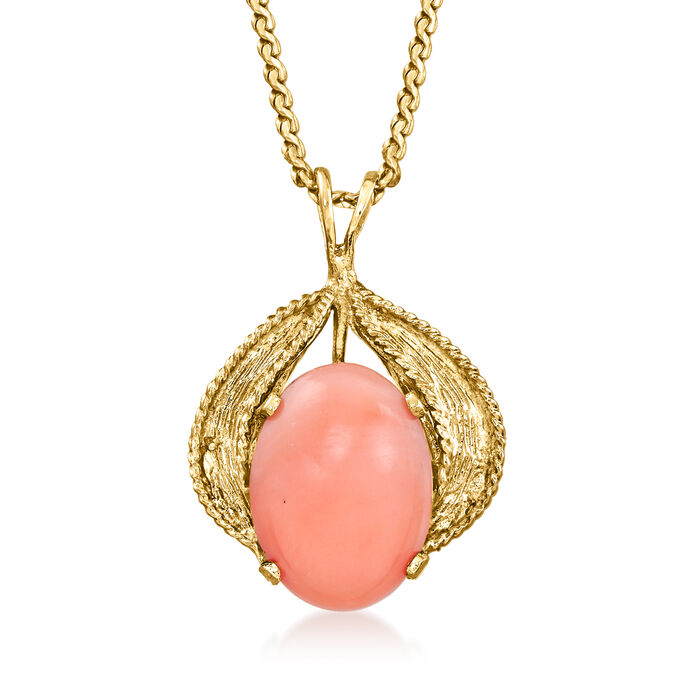 C. 1970 Vintage Pink Coral Pendant Necklace in 14kt Yellow Gold