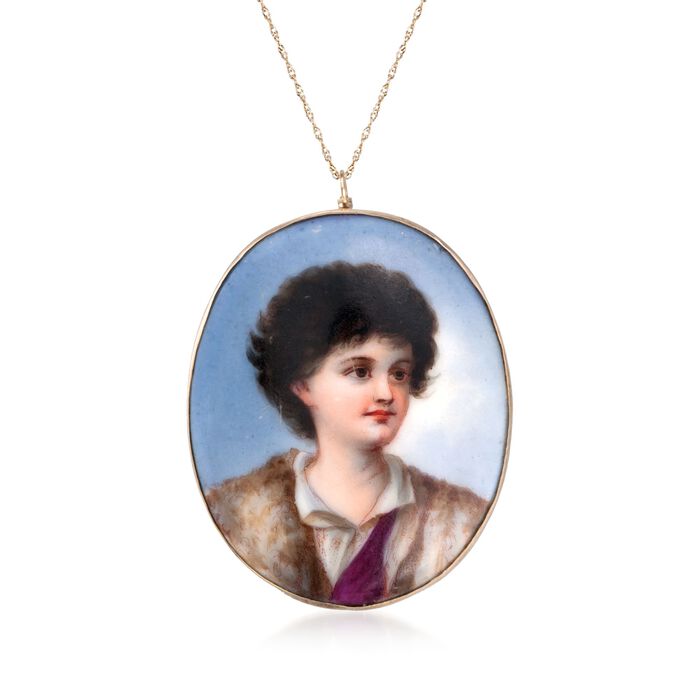 C. 1950 Vintage Enamel and Ceramic Portrait Pin Pendant Necklace in 14kt and 18kt Yellow Gold
