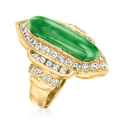 C. 1980 Vintage Jade and 1.00 ct. t.w. Diamond Cocktail Ring in 14kt Yellow Gold