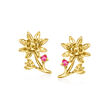 Ruby-Accented Water Lily Flower Earrings in 14kt Yellow Gold