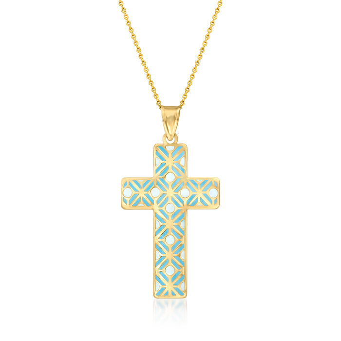 Turquoise Enamel Cross Pendant Necklace in 14kt Yellow Gold