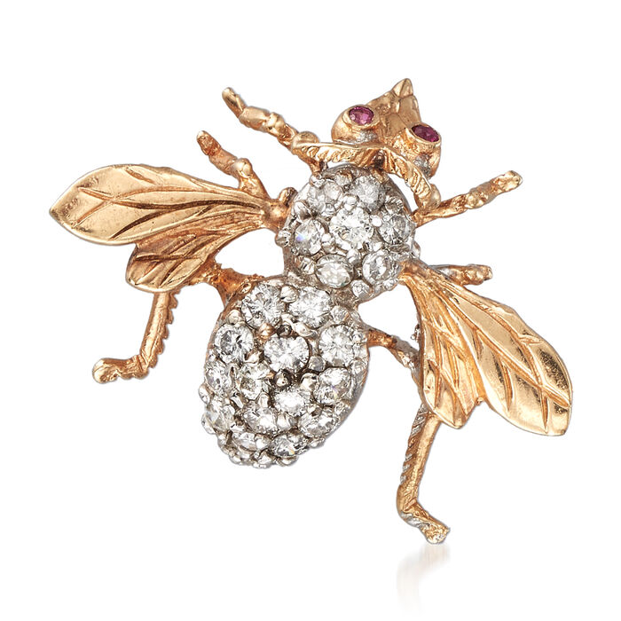 C. 1980 Vintage 1.00 ct. t.w. Diamond Bee Pin Pendant with Ruby Accents in 14kt Yellow Gold