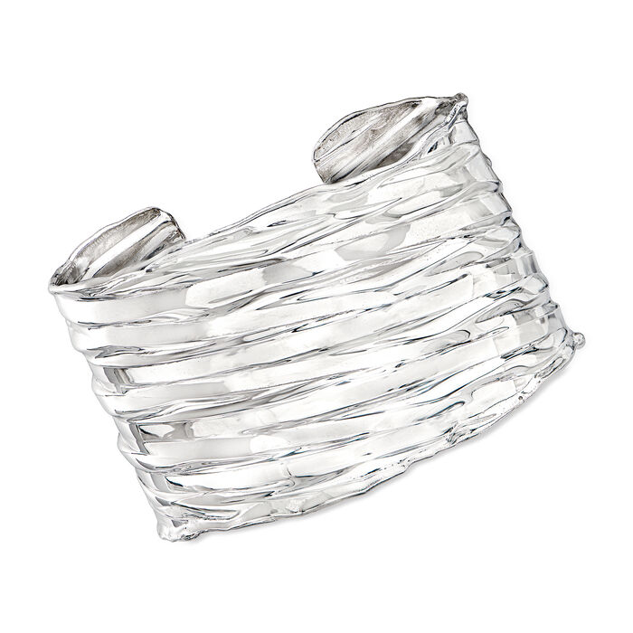 Italian Sterling Silver Textured and Polished Wide Cuff Bracelet