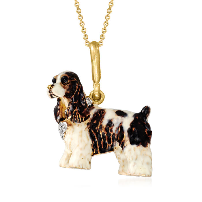 C. 1980 Vintage Multicolored Enamel Cavalier King Charles Spaniel Pendant Necklace in 18kt Yellow Gold 