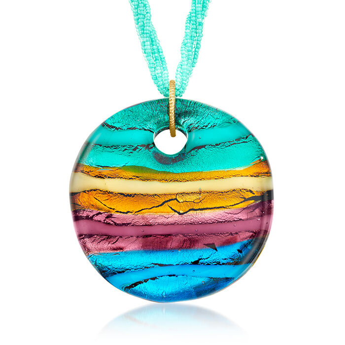 Italian Multicolored Murano Glass Bead Pendant Necklace with 18kt Gold Over Sterling