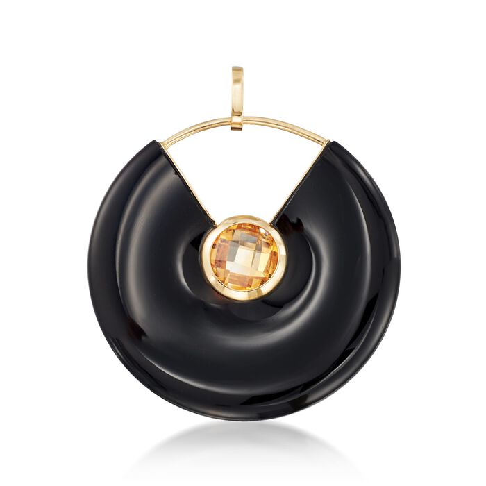 Black Agate and 1.80 Carat Citrine Round Pendant in 14kt Yellow Gold