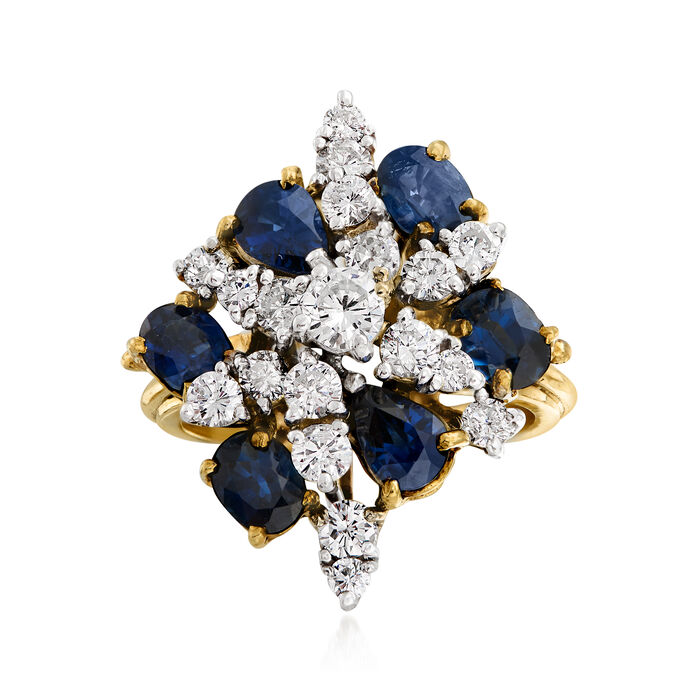 C. 1970 Vintage 3.00 ct. t.w. Sapphire and 1.35 ct. t.w. Diamond Cluster Ring in 14kt Yellow Gold