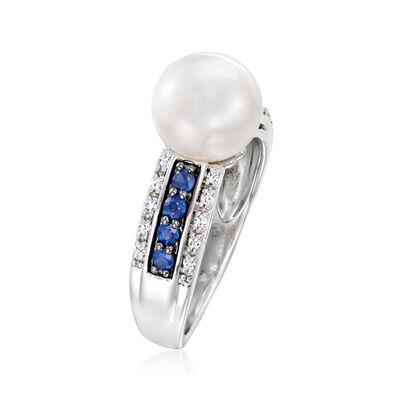 8.5-9mm Cultured Pearl, .40 ct. t.w. Sapphire and .10 ct. t.w. Diamond Ring in Sterling Silver