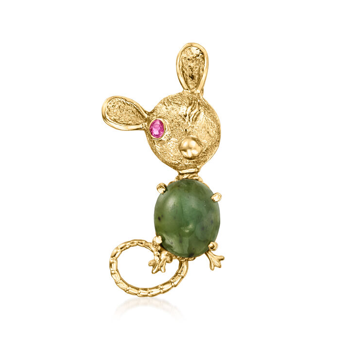 C. 1970 Vintage Nephrite and .10 Carat Ruby Mouse Pin in 14kt Yellow Gold