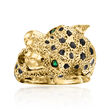 C. 1980 Vintage 18kt Yellow Gold and Black Enamel Panther Head Ring with Emerald Accents