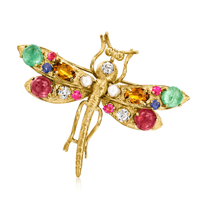 C. 1970 Vintage 3mm Cultured Pearl, 4.76 ct. t.w. Multi-Gemstone and .36 ct. t.w. Diamond Dragonfly Pin in 14kt Yellow Gold