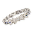 C. 1950 Vintage .10 Carat Diamond and 1.00 ct. t.w. Synthetic Sapphire Filigree Bracelet with .20 ct. t.w. White Zircons in 14kt White Gold