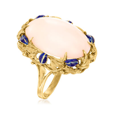 C. 1970 Vintage Pink Coral Ring with Blue Enamel in 18kt Yellow Gold