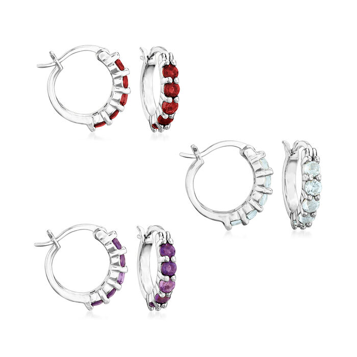 1.60 ct. t.w. Amethyst, Garnet and Blue Topaz Jewelry Set: Three Pairs of Huggie Hoop Earrings in Sterling Silver