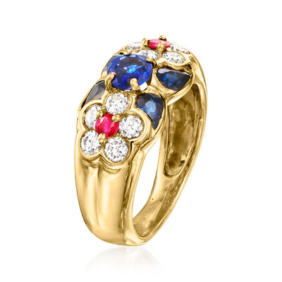C. 1980 Vintage .90 ct. t.w. Sapphire, .55 ct. t.w. Diamond and .16 ct. t.w. Ruby Flower Ring in 18kt Yellow Gold