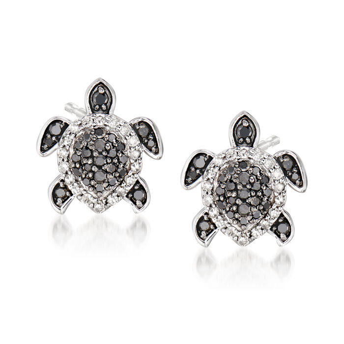.33 ct. t.w. Black and White Diamond Turtle Earrings in Sterling Silver