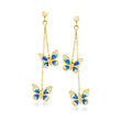 Italian Blue and White Enamel Butterfly Drop Earrings in 14kt Yellow Gold